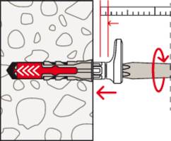 Querschnittsdiagramm: Ein Bohrmeißel dringt in Gestein ein. Rote Pfeile zeigen Rotation und Abwärtskraft an. Ein Lineal kennzeichnet die Tiefenmessung.