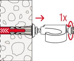 Diagramm zeigt einen Bohrer, der eine Schraube in einen Wanddübel in Beton treibt. Ein Pfeil deutet die Richtung an, und „1x