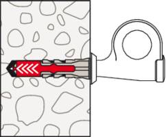 Eine Illustration zeigt einen Ankerschraubbolzen, der in eine Betonwand eingeführt wird, mit einem Pfeil, der die Ausdehnung in der Wand anzeigt, um eine sichere Befestigung zu gewährleisten.