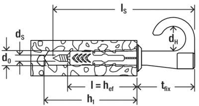 Technisches Diagramm eines Ankerstützbolzens mit Haken: Abmessungen gekennzeichnet als d0, ds, Is, dH, l = hef, tfix, h1. Zeigt die Position des Bolzens auf einer strukturierten Oberfläche.