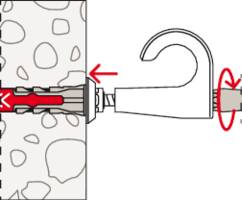 Diagramm, das die Installation eines Wandsteckers in eine Betonwand zeigt, mit Hervorhebung des Expansionsmechanismus und der Hakenanbringung.