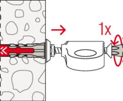 Diagramm, das zeigt, wie ein Wandanker in ein gebohrtes Loch in einer Wand eingeführt wird, während ein Schraubendreher den Anker 1x anzieht.