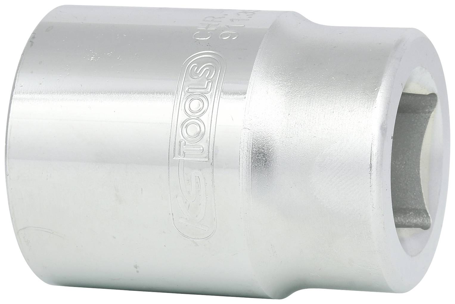 Ein silberner Steckschlüsselaufsatz aus Metall, zylindrisch geformt, mit einem sechskantigen Innenprofil für Schraubverbindungen.