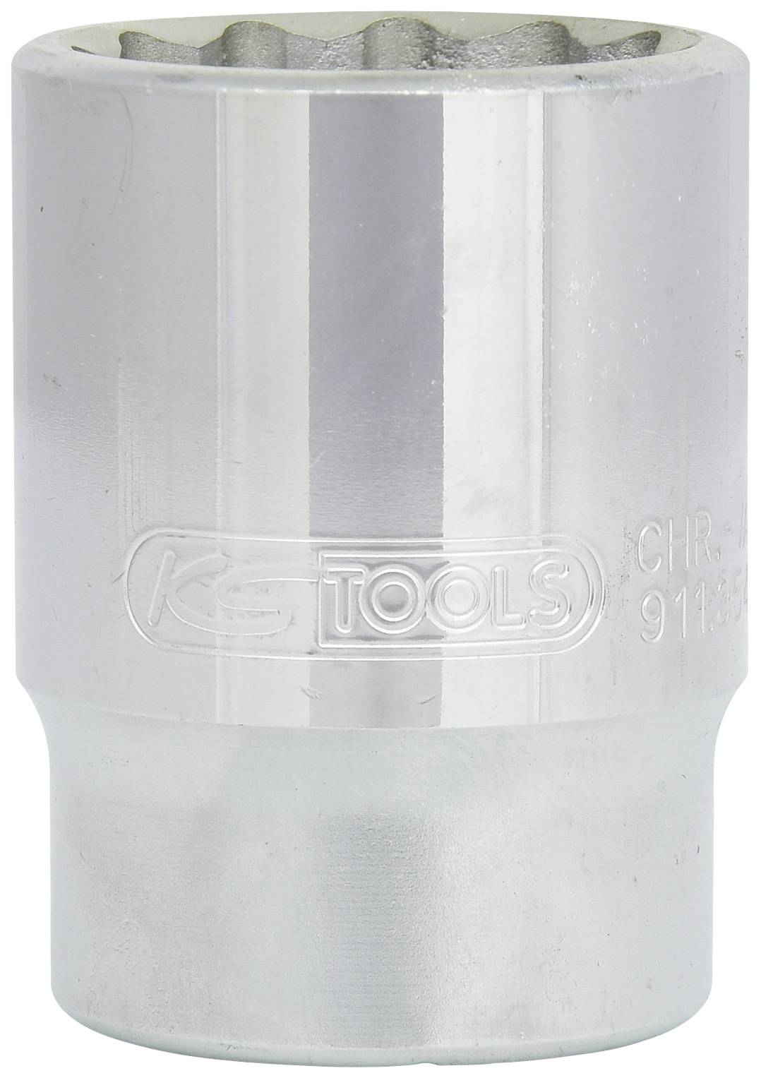 Metallene Stecknuss mit runder Form, glänzende Oberfläche und Prägung des Herstellernamens in der Mitte.