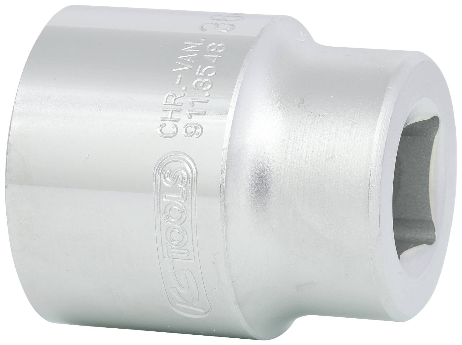 Silberne Stecknuss mit eingeschriebenem Markennamen, zylindrische Form mit sechseckiger Öffnung zur Aufnahme von Schrauben.