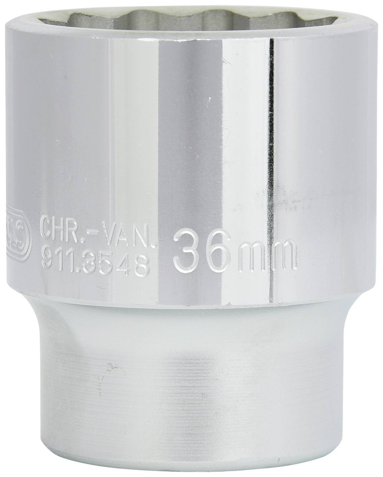 Eine silberne Stecknuss mit der Gravur '36 mm', geeignet für mechanische Arbeiten, besonders für den Einsatz mit einem Schraubenschlüssel.