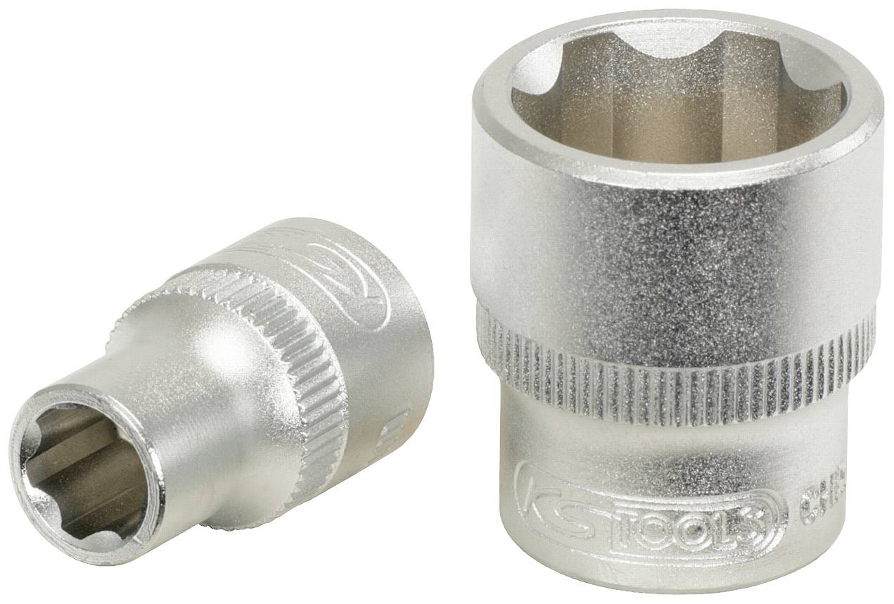 Zwei silberne Stecknüsse in verschiedenen Größen, aus Metall. Die größere ist rechts, beide geeignet für Schraubarbeiten.