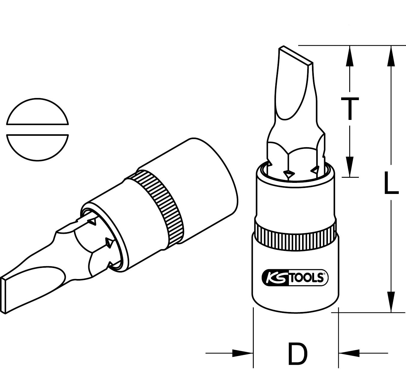 Schraubendreher-Bit von KS Tools mit Abmessungen: Gesamtlänge 'L', T-Länge 'T', Durchmesser 'D'. Kreuzschlitzspitze dargestellt.
