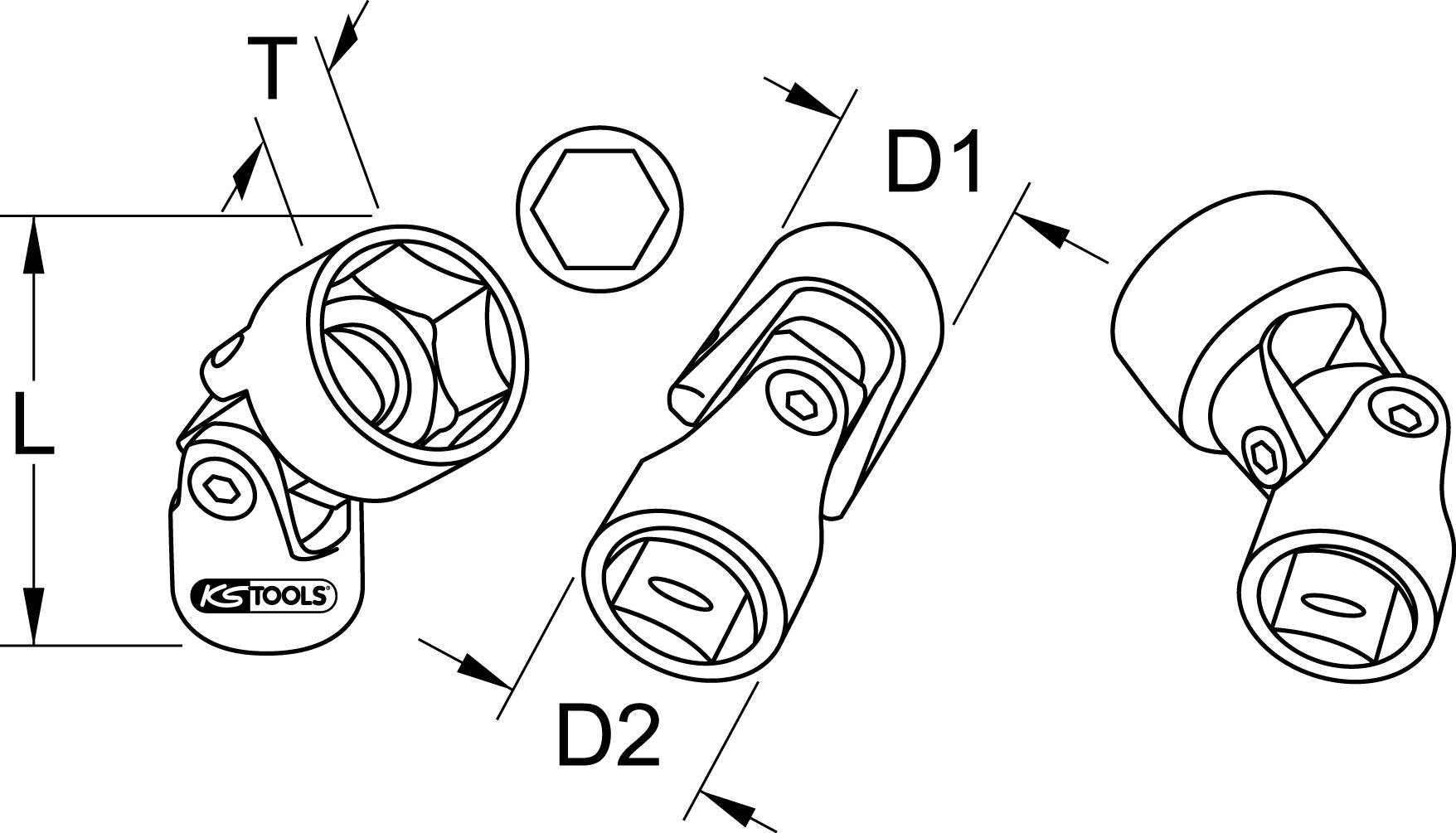 '3D Zeichnung eines Kardangelenks mit Maßen: T, L, D1, D2. 'KS Tools'-Logo auf dem Gelenk. Sechskantmutter oben links.'