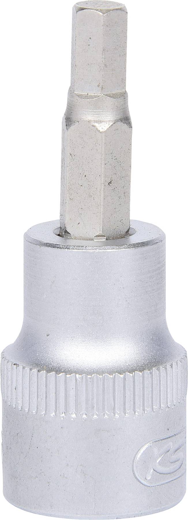 Sechskant-Bitaufsatz aus silbernem Metall, vorderansicht, mit geriffeltem Rand an der Unterseite. Verwendet für Schraubarbeiten.