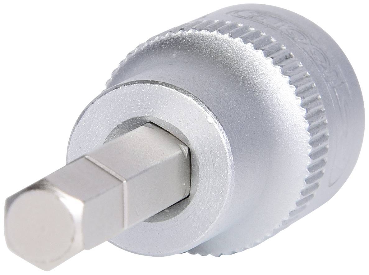 Ein silberfarbenes Bit-Adapteraufsatz für eine Ratsche, mit einem sechseckigen Einsatz und gerändeltem Griff zur Verbesserung der Griffigkeit.