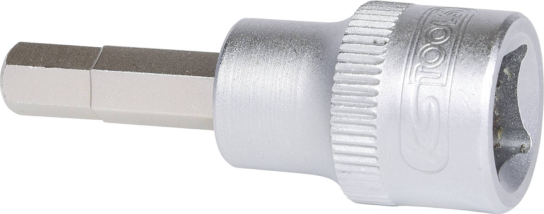 Ein silberner Sechskantbit mit zylindrischer Hülse, geeignet für Schraubarbeiten, auf weißem Hintergrund.