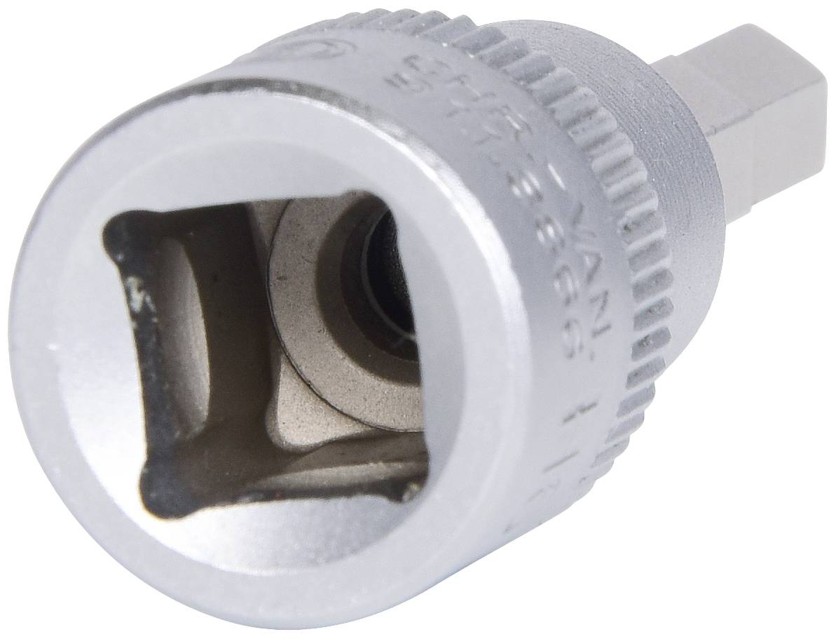 Ein silberfarbener Schraubaufsatz mit sechskantiger Form und geriffeltem Rand. Geeignet für Werkzeuge zum Anziehen von Schrauben.