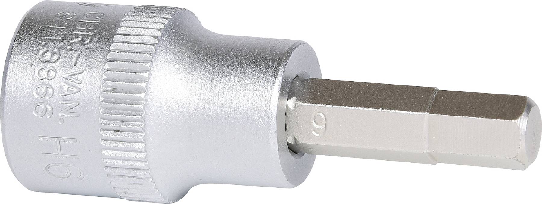 Silberner Sechskantschlüssel-Kopfaufsatz, beschriftet mit H5. Metallischer Glanz, geeignet für manuelle Werkzeuge.