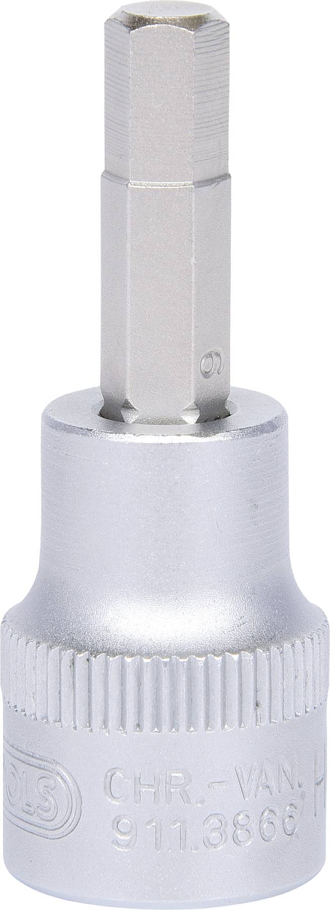 Steckschlüssel mit sechskantigem Bitaufsatz, aus Metall, für präzise Befestigungsarbeiten. Auf der Seite sind Zahlen geprägt.