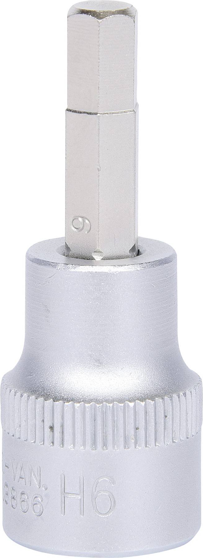 Stecknuss mit eingelassenem Sechskantbits, Größe H6. Verwendet für Arbeiten mit Sechskantschrauben, erkennbar am Metallglanz.