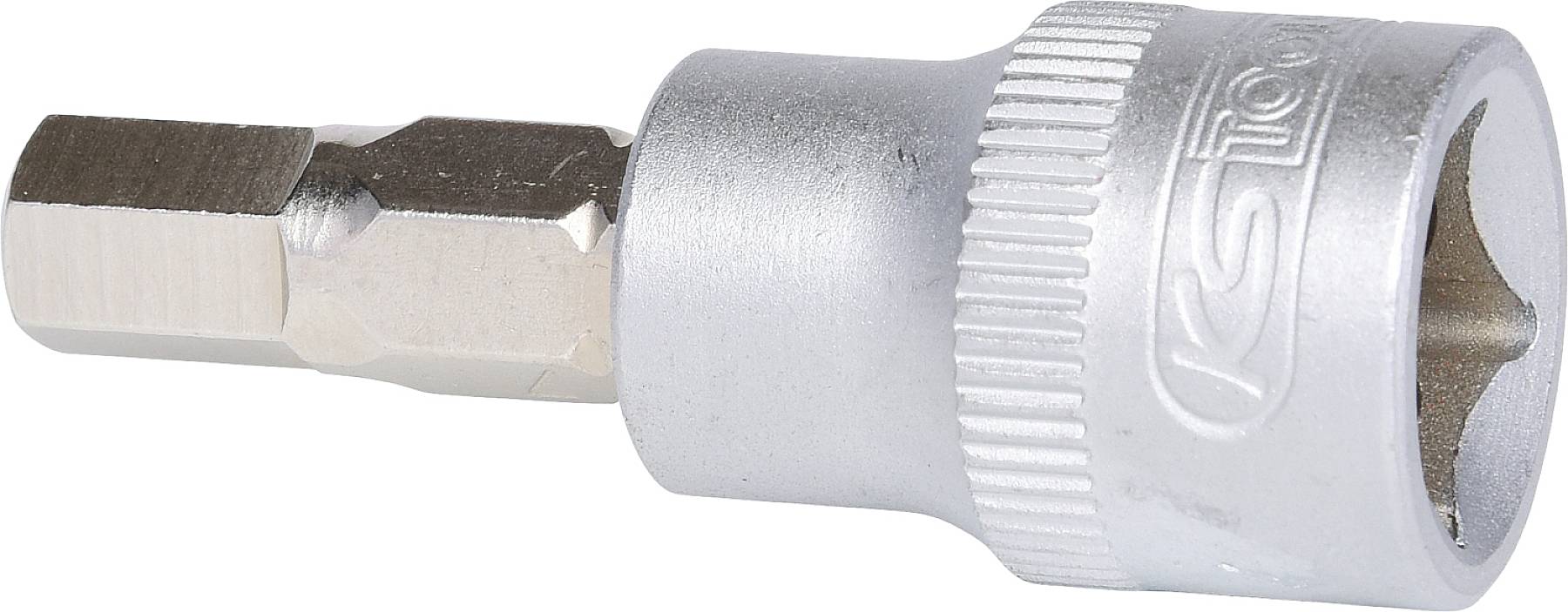 Bitschlüssel mit silbernem Griff und sechseckigem Einsatz, geeignet für Arbeiten an Schrauben und Befestigungen.