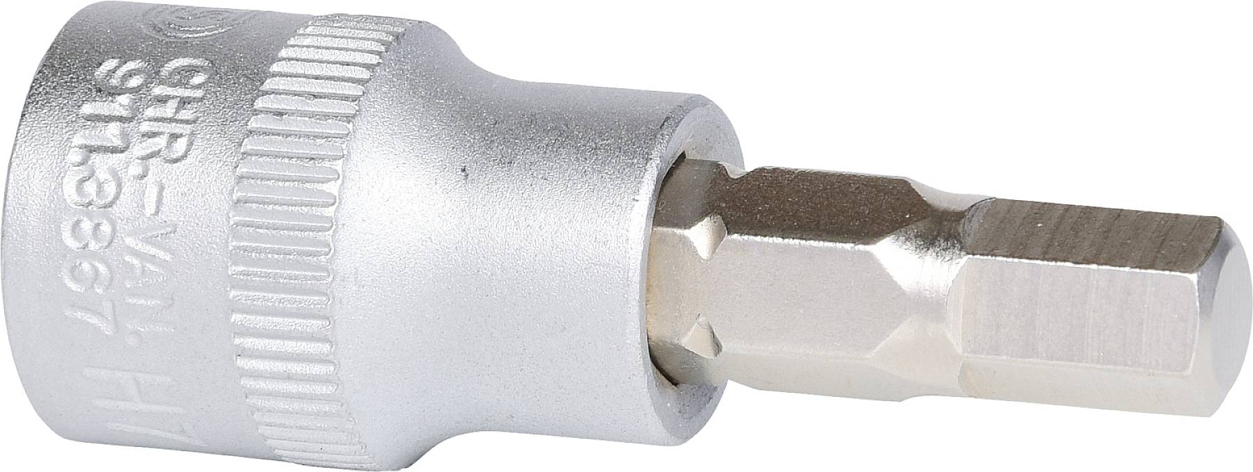 Metallischer Steckschlüsselaufsatz, zylinderförmig mit geriffeltem Griff, hexagonale Spitze. Geeignet für Schraubendreher.