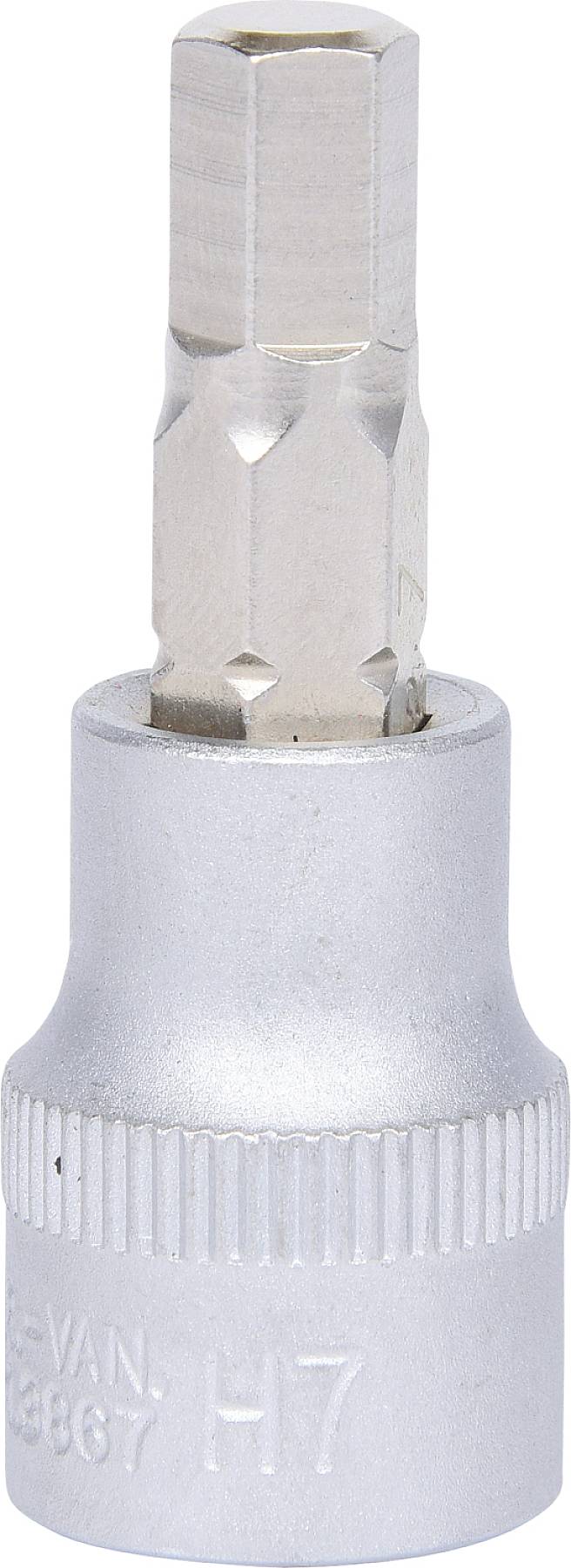 Ein silberner Steckschlüsselaufsatz mit sechseckiger Spitze und der Gravur 'H7' auf der Seite, geeignet für spezielle Schraubverbindungen.