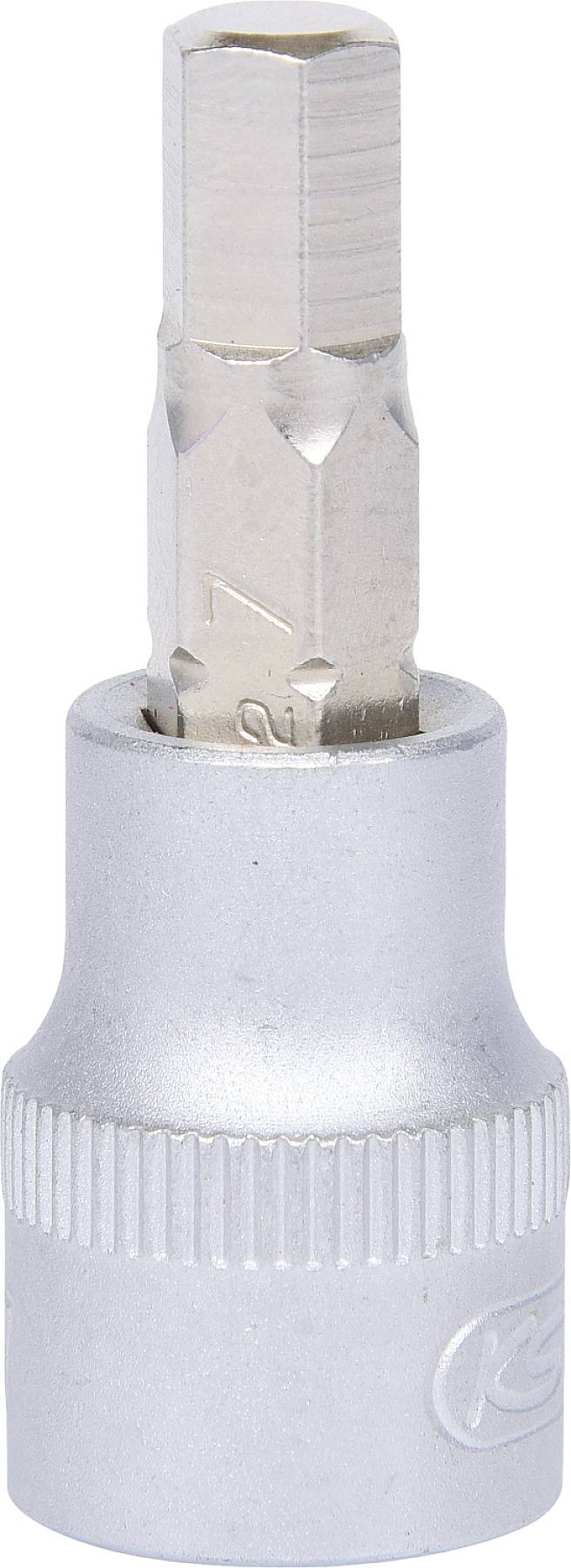 Ein silberfarbener Steckschlüssel, speziell für Torx-Schrauben, isoliert vor weißem Hintergrund, zeigt die präzise Verarbeitung.