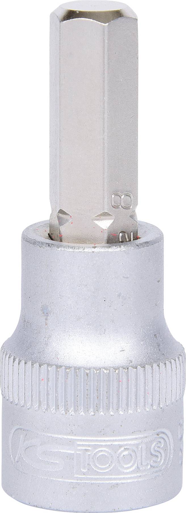 'Ein Steckschlüsselaufsatz mit sechseckiger Spitze zum Anziehen von Schrauben. Aus Metall, trägt die Aufschrift 