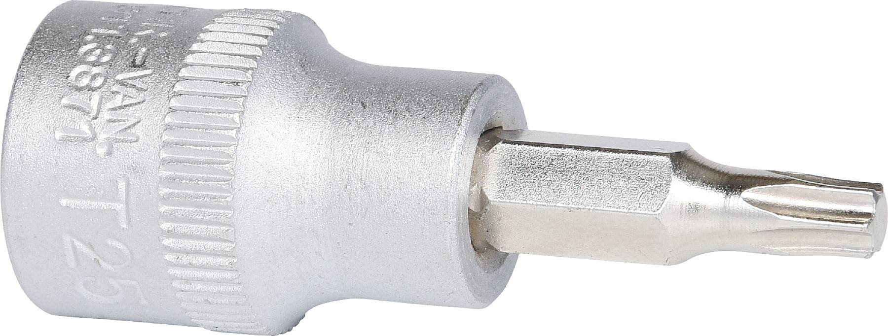 Silberner Torx-Bitaufsatz, Größe T25, aus Metall, zur Verwendung mit einem Schraubendreher oder Ratsche.