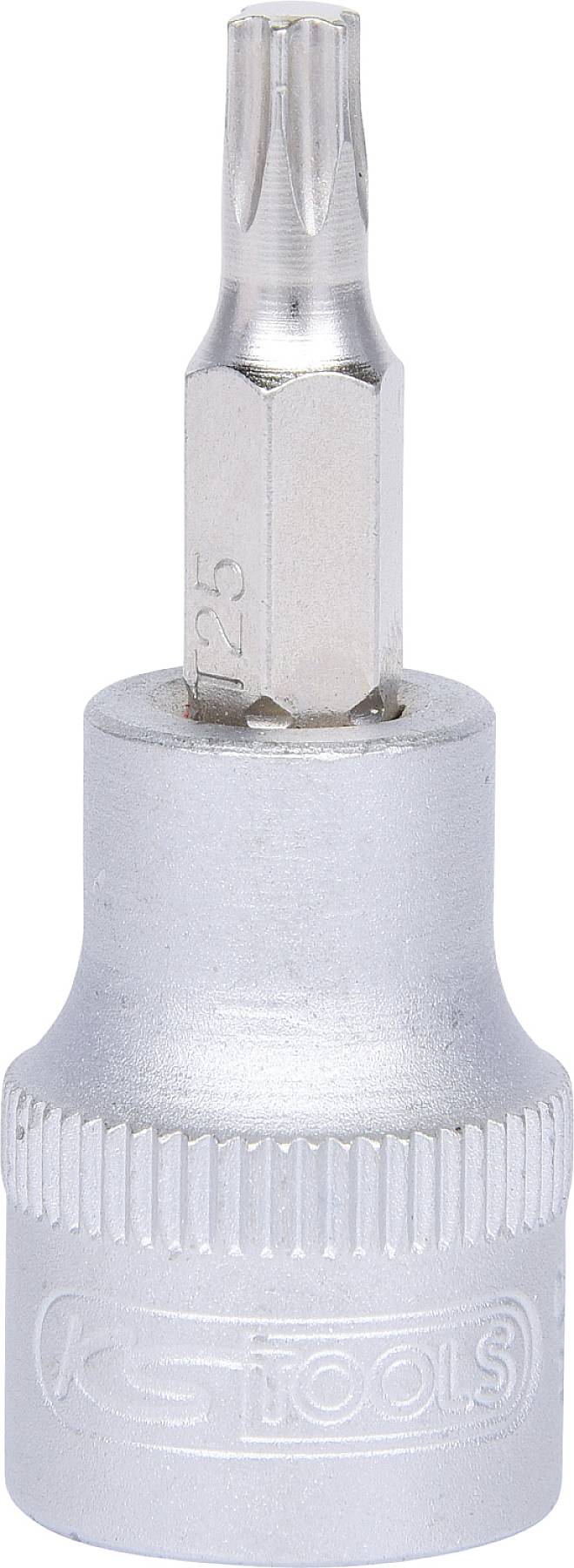 Ein silberner Torx-Bit mit Sechskant-Sockel für Schraubarbeiten. Er hat eine runde Basis mit gerilltem Griff für besseren Halt.