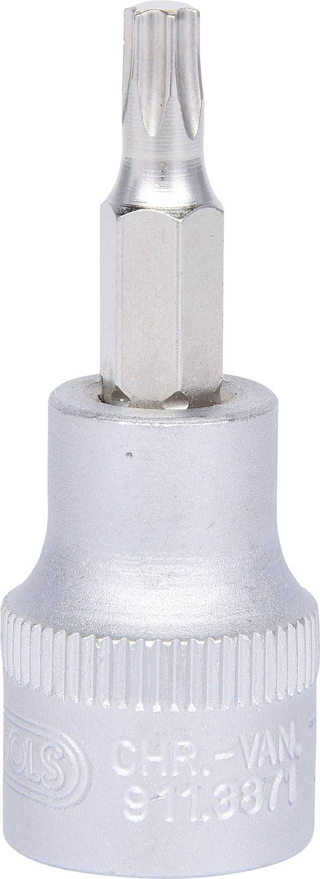 Ein silberner Schraubendrehereinsatz mit einem sechskantigen Griff und einer Torx-Spitze, geeignet für Schraubarbeiten.