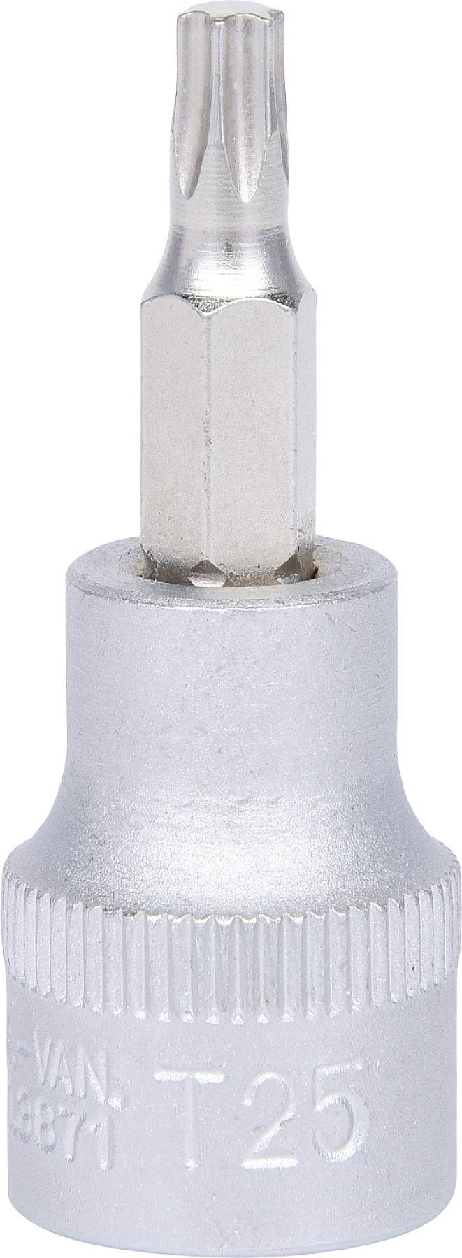 T25 Schraubendrehereinsatz mit T-Profil aus Metall, geeignet für Torx-Schrauben. Verwendet für präzise Arbeiten an Maschinen und Fahrzeugen.