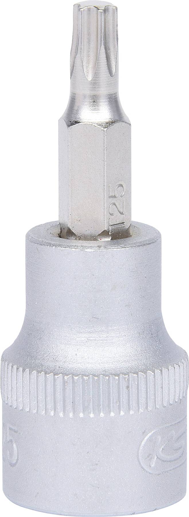 Ein silberner Torx-Schraubendreheraufsatz der Größe T25 aus Metall, steht aufrecht und zeigt den sternförmigen Kopf oben.