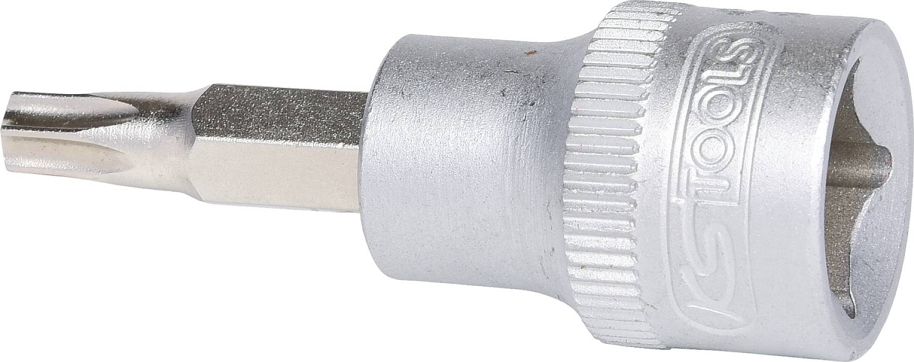 Ein silberner Schraubendreheraufsatz mit sechseckiger Basis und geriffeltem Rand. Markierung einer Marke an der Seite sichtbar.