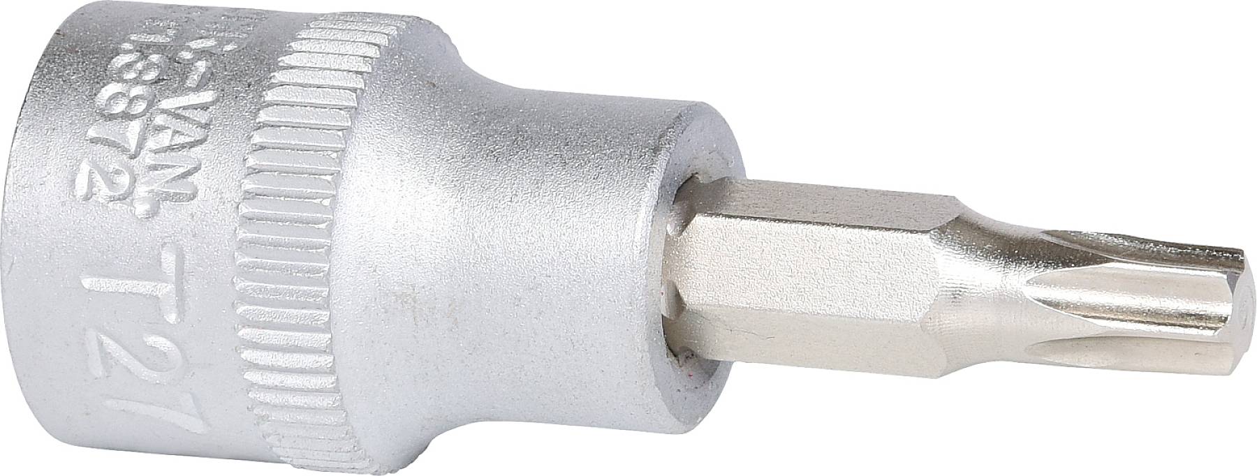 Silberfarbener Torx-Bitaufsatz der Größe T21 mit geriffeltem Griffabschnitt für besseren Halt.