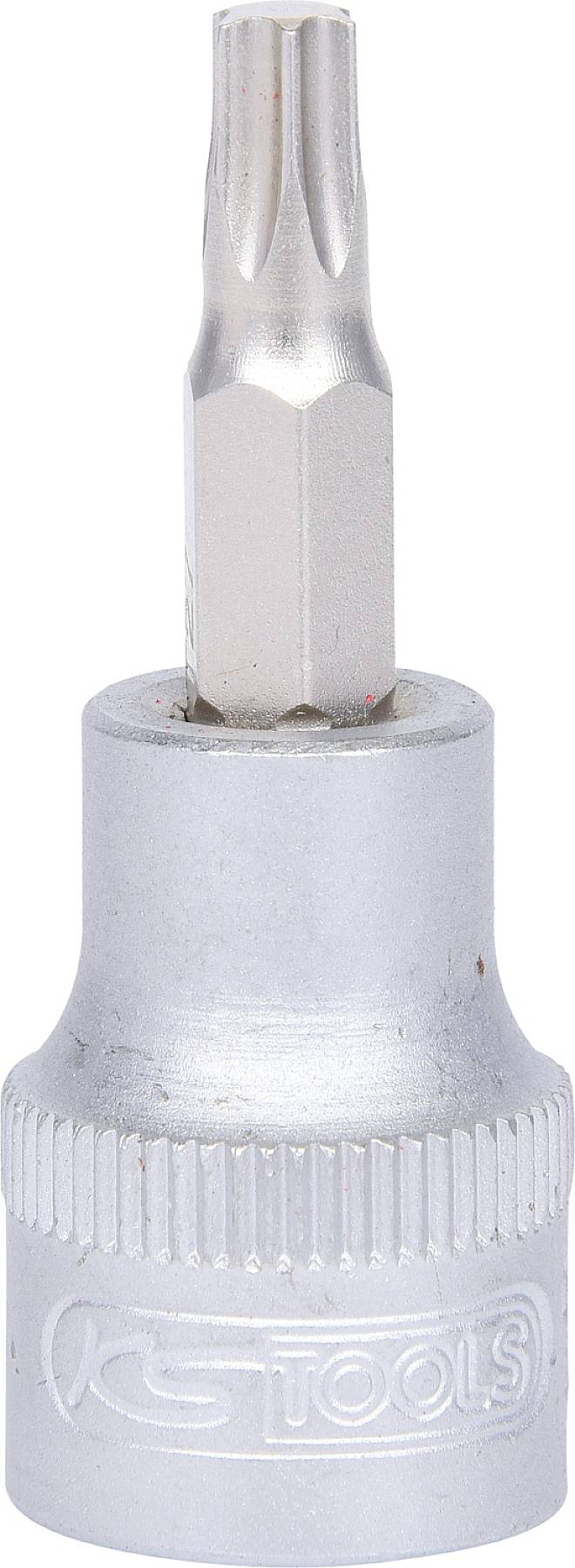 Ein silberner Schraubendrehereinsatz mit einem Sechskant-Schaft und einer Torx-Spitze, geeignet für Arbeiten an mechanischen Geräten.