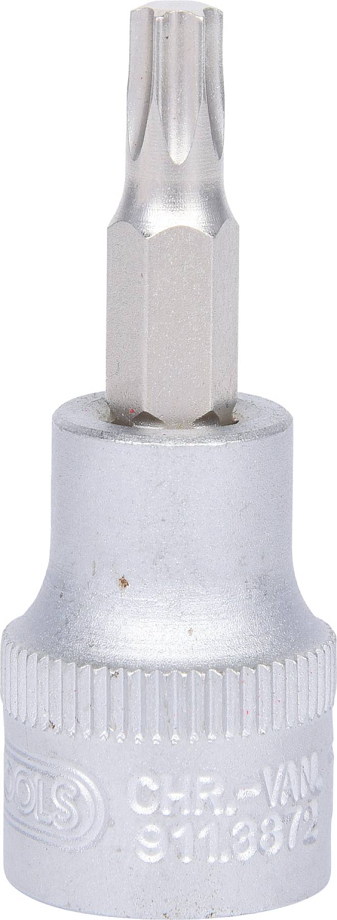 Ein silberner Schraubendreher-Bit mit Torx-Kopf, montiert in einer Stecknuss. Geeignet für den Einsatz mit Ratschenschlüsseln.