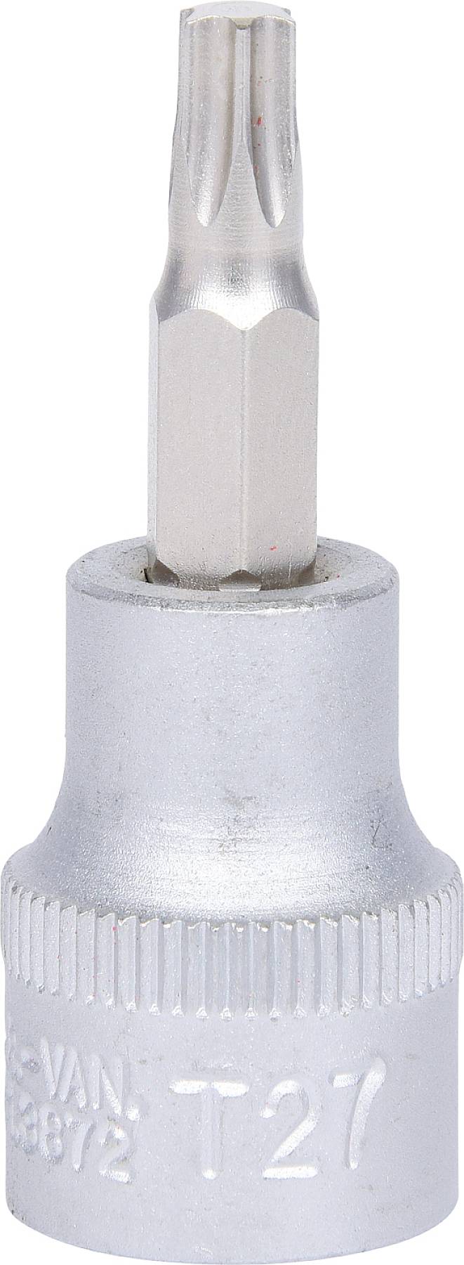 Ein silberner Metall-Aufsatz für einen Schraubendreher, der speziell für Torx-Schrauben der Größe T27 geeignet ist.