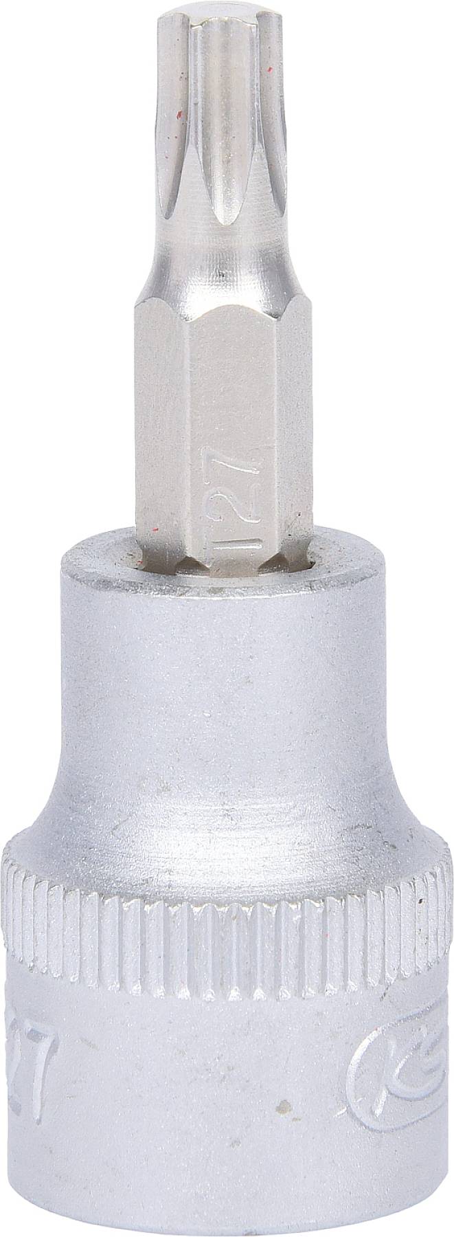 Torx-Bitaufsatz mit einer geriffelten Basis. Hergestellt aus Metall, geeignet für präzise Verschraubungen mit Torx-Schrauben.