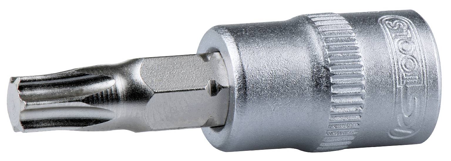 Torx-Bit-Aufsatz in Silber mit sechszackigem Sternprofil, verwendet für Schrauben mit Torx-Kopf. Liegt auf weißem Hintergrund.