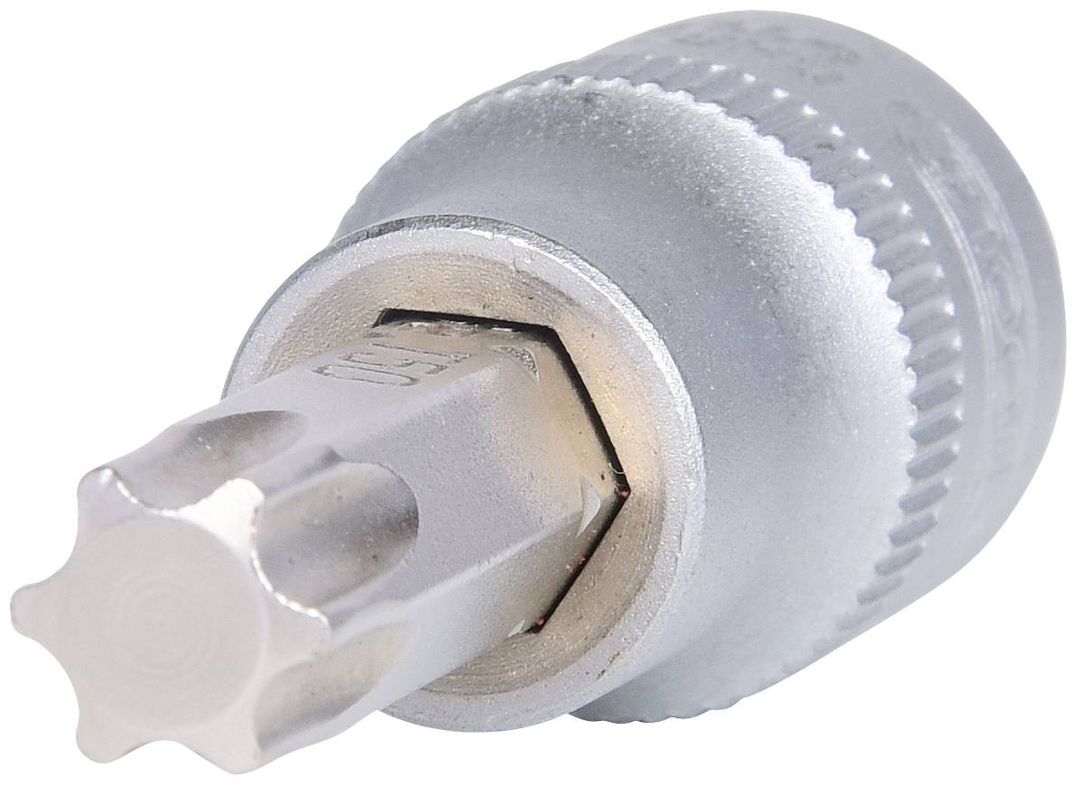 Schraubeinsatz mit Torx-Profil, metallisch silbern, zeigt ein sternförmiges Design für spezielle Schraubenanwendungen.