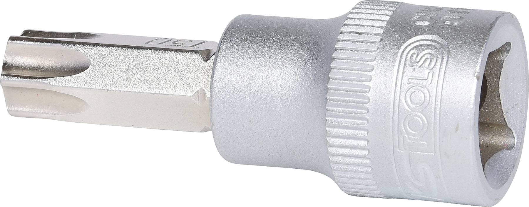 Ein silberner Torx-Steckschlüsseleinsatz, mit geprägtem Tool-Logo, für Schrauben mit Sternkopf, verwendet in mechanischen Anwendungen.