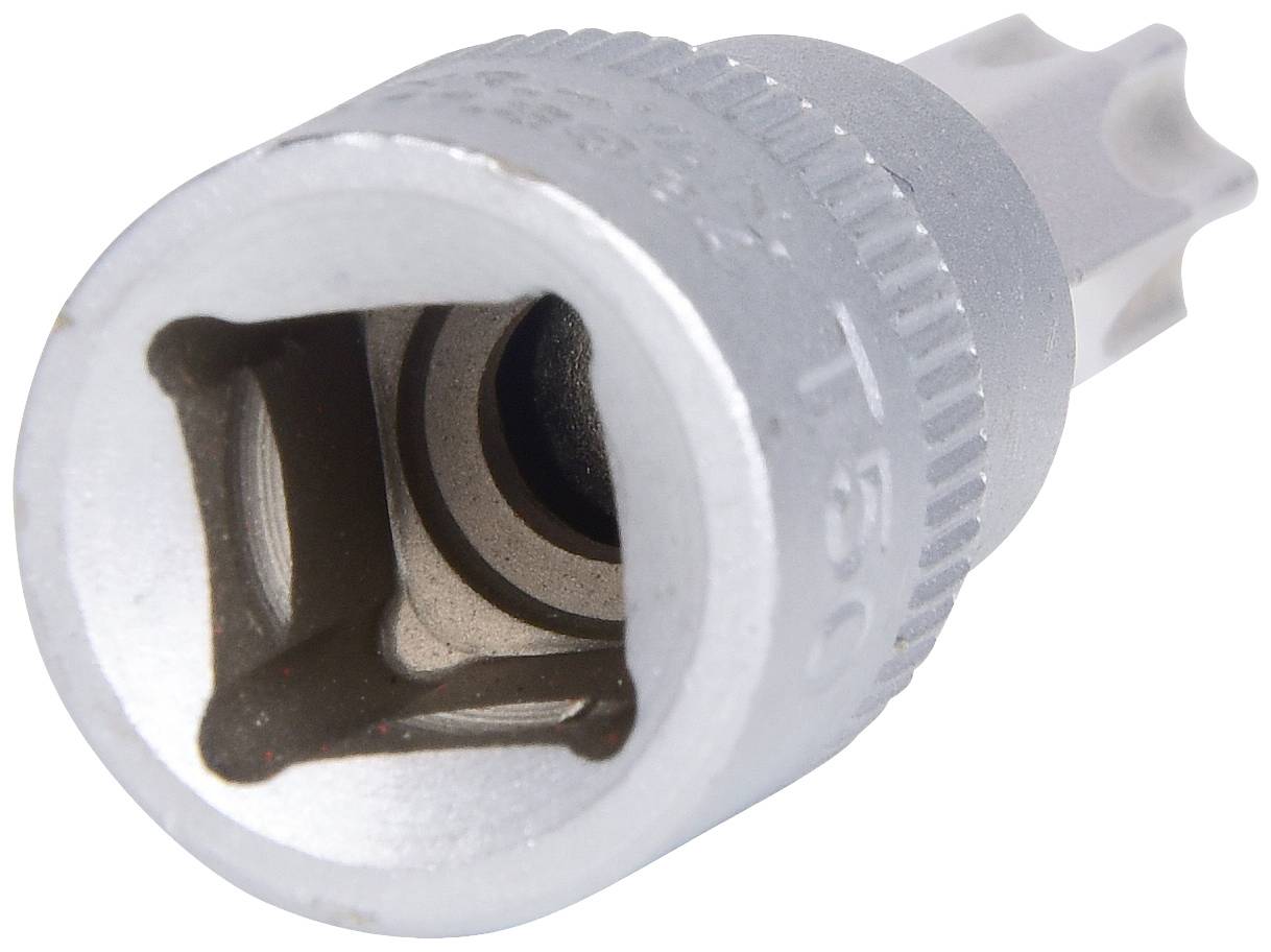 Ein silberner Torx-Steckschlüsselaufsatz mit einer sechszackigen sternförmigen Öffnung, geeignet für Schrauben mit Torx-Kopf.