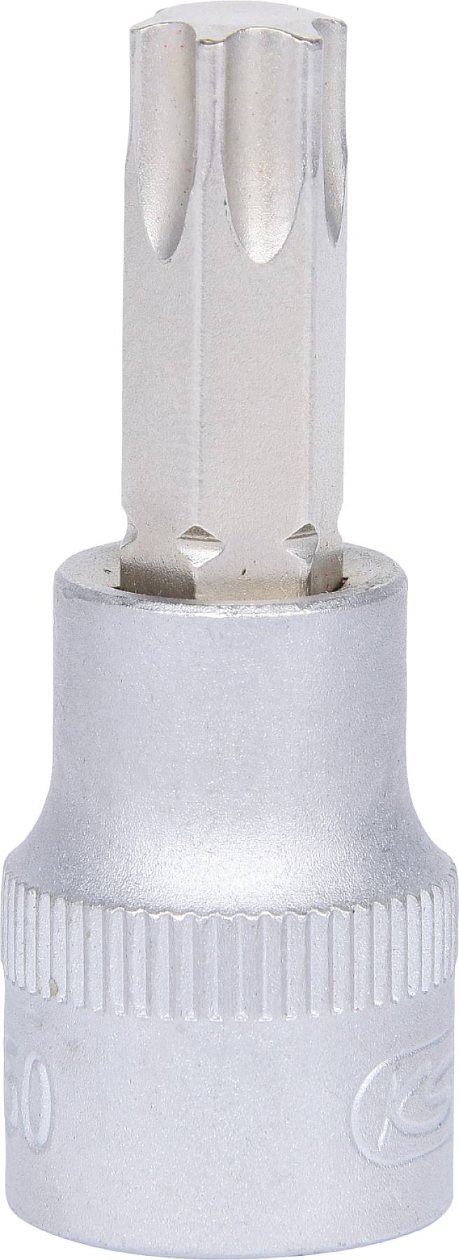 Ein silberner Steckschlüsselaufsatz mit sechseckigem Antrieb und zwölfzackiger Griffseite, oft für Reparaturarbeiten verwendet.