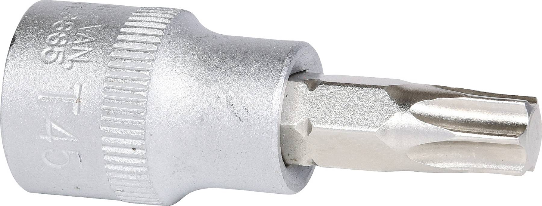 Ein silberner Torx-Schraubendreheraufsatz, Größe T45, liegt auf einem weißen Hintergrund.