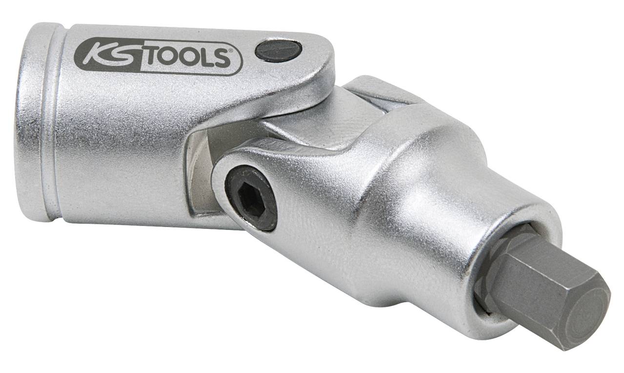 Ein verchromtes Universal-Gelenk mit Sechskantaufnahme, seitlicher Schraubenöffnung und 'KS Tools'-Logo auf der Oberfläche.