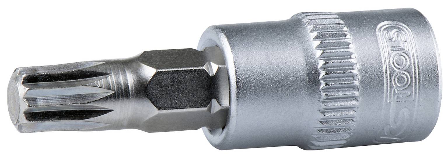 Silberner Torx-Bit-Aufsatz aus Metall, runder Griff mit geriffelter Oberfläche und Herstellerlogo, geeignet für Schraubarbeiten.