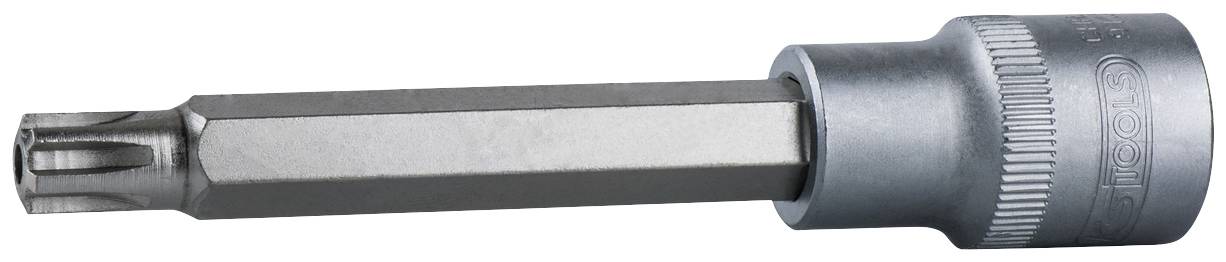 Ein silberner Torx-Bitaufsatz für eine Ratsche, mit sechseckiger Aufnahme und sternförmiger Spitze, geeignet für Schraubarbeiten.