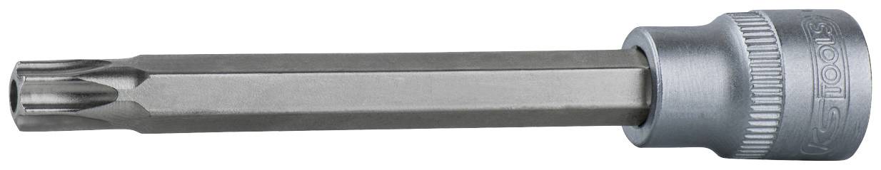 Ein silberfarbener Torx-Bit mit langer, sechseckiger Schaft und gerändelter Oberfläche, eingesetzt in einen Steckschlüsselsatz.