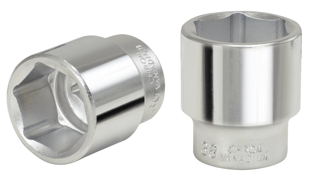 Zwei metallische Stecknüsse mit hexagonalem Innendurchmesser, aus Chrom-Vanadium-Stahl gefertigt. Eine zeigt die Aufschrift 'CR-V'.