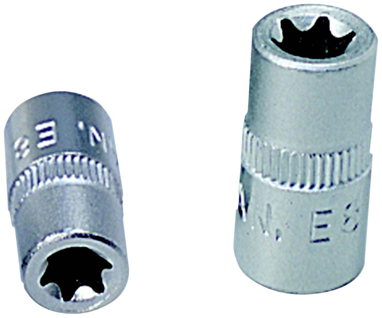 Zwei metallene Torx-Schraubaufsätze in unterschiedlicher Perspektive.