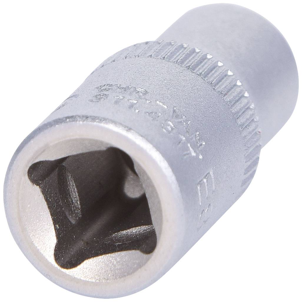 Eine sechskant Stecknuss aus Metall. Sie wird für Schraubarbeiten mit einem passenden Schraubenschlüssel oder Ratsche verwendet.