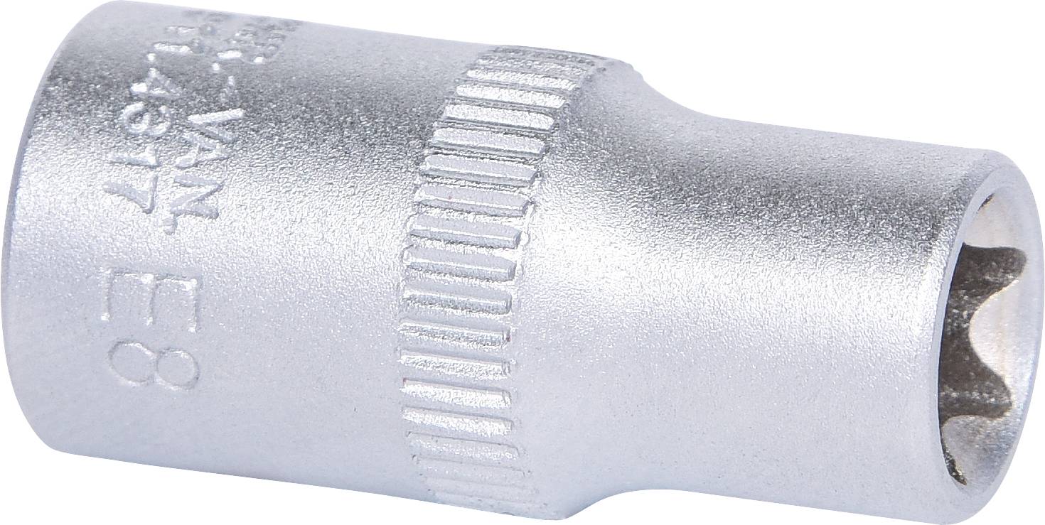 Ein silberner Torx-Steckschlüsseleinsatz der Größe E8, oben mit geriffelten Details für besseren Halt.